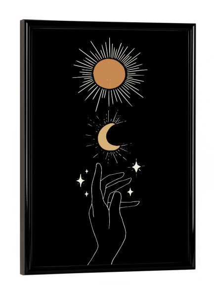 Poster mit schwarzem Rahmen "Hand Pointing Up Sun Moon Dark" artboxONE - Natur,Abstrakt,Galaxy