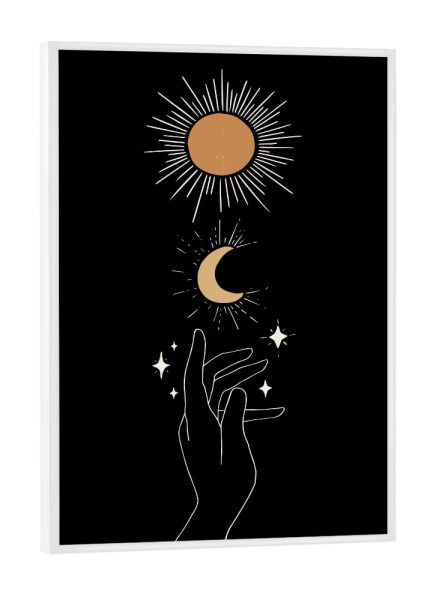 Poster mit weißem Rahmen "Hand Pointing Up Sun Moon Dark" artboxONE - Natur,Abstrakt,Galaxy