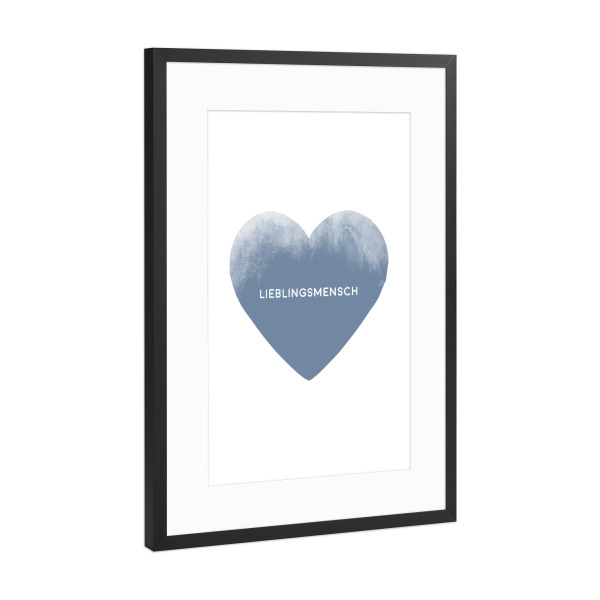 Poster mit Rahmen Schwarz (Metallic) "Lieblingsmensch mit Herz I Blau" artboxONE - Typografie,Liebe,Für Papa,Männer