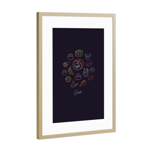 Poster mit Rahmen Gold "Sushi types color dark" artboxONE - Für Kinder,Essen & Trinken,Für Mama,Für Papa