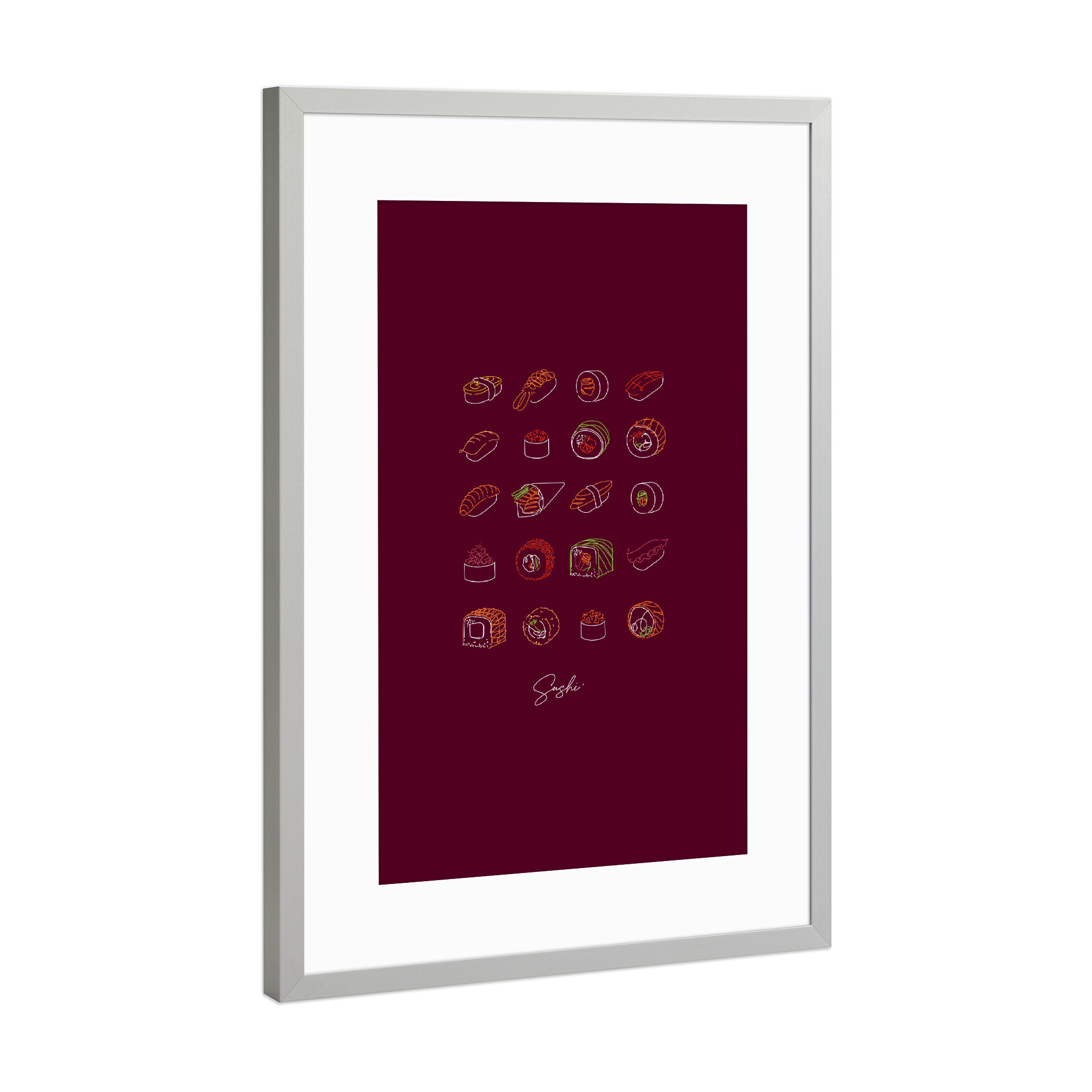 Poster mit Rahmen Silber "Sushi type line style burgundy" artboxONE - Für Kinder,Essen & Trinken,Für Mama,Für Papa