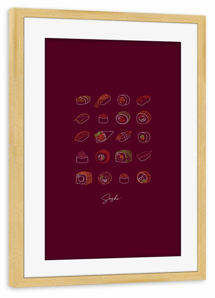 Poster mit Rahmen kiefer "Sushi type line style burgundy" artboxONE - Für Kinder,Essen & Trinken,Für Mama,Für Papa