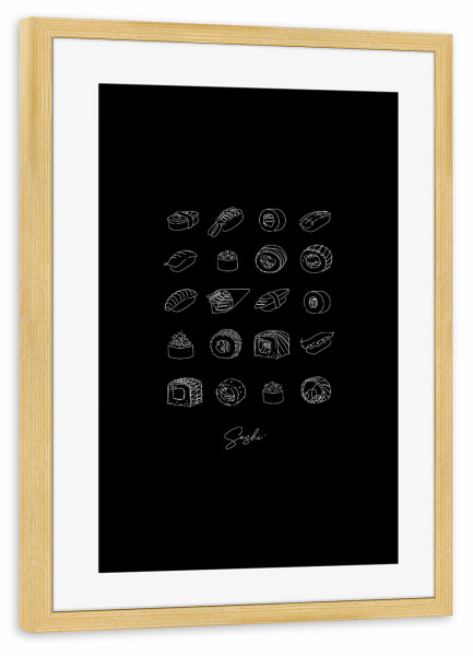 Poster mit Rahmen kiefer "Sushi type set line style black" artboxONE - Für Kinder,Essen & Trinken,Streetart,Für Mama,Für Papa