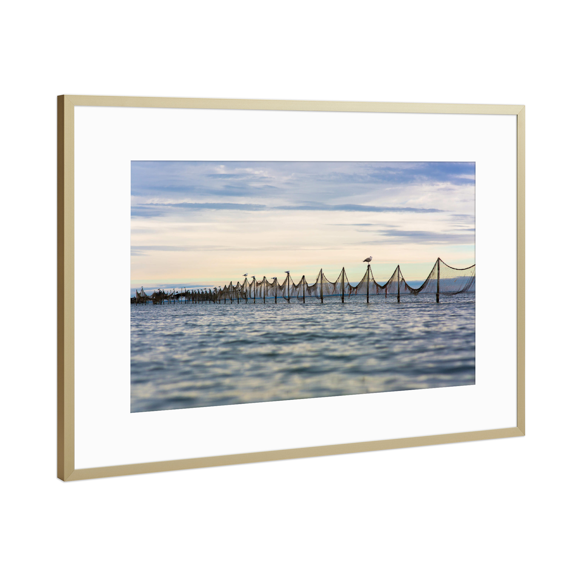 Poster mit Rahmen Gold "Ein Moment der Ruhe" artboxONE - Natur - Wasser,Haff,Möwen,Buhnen,Strand,Reise,Urlaub,Ruhe,Himmel,Meer,Sea,Sky