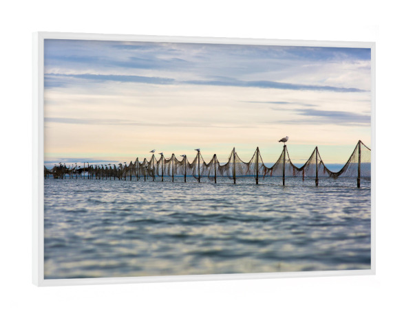 Poster mit weißem Rahmen "Ein Moment der Ruhe" artboxONE - Natur - Wasser,Haff,Möwen,Buhnen,Strand,Reise,Urlaub,Ruhe,Himmel,Meer,Sea,Sky