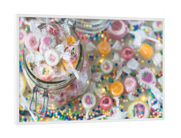 Poster mit weißem Rahmen "Süßigkeiten im Glas" artboxONE - Essen & Trinken - Süßes,Bonbons,Bunt,Glas,Süßigkeiten,Colorful