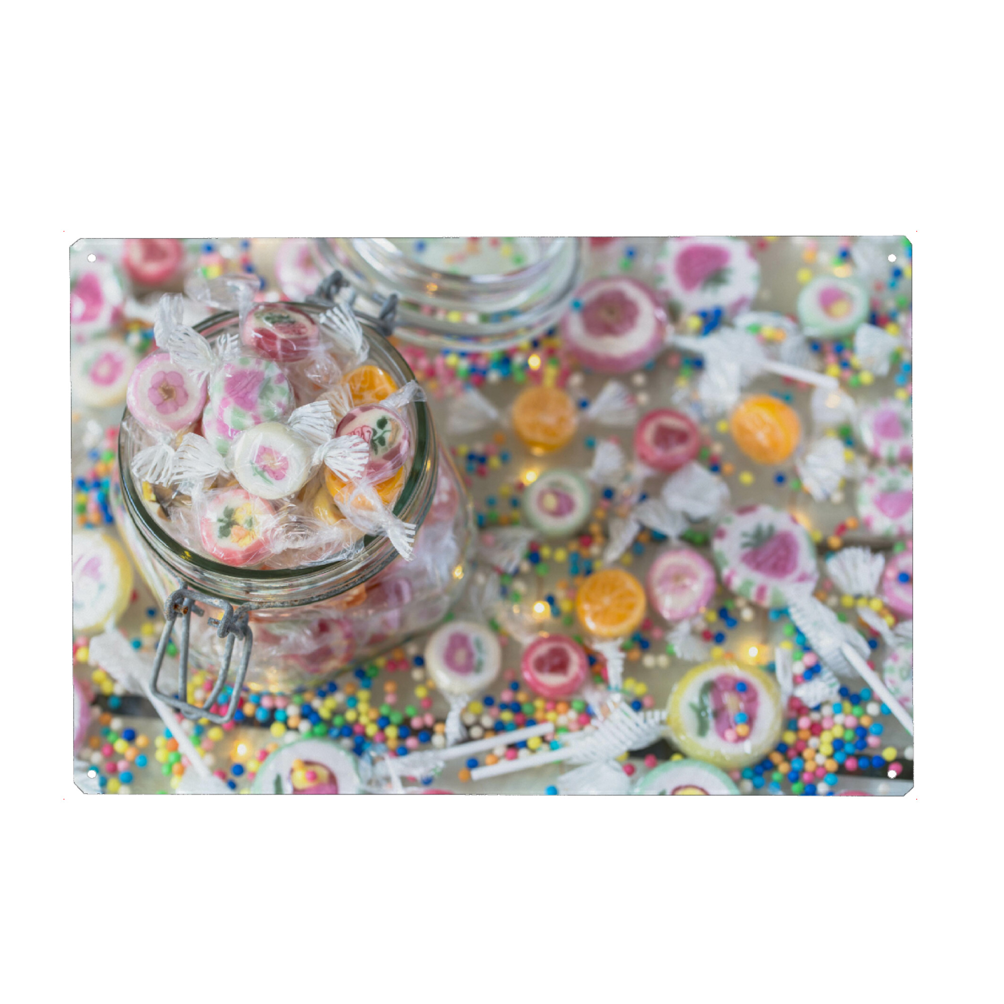 Metall Poster "Süßigkeiten im Glas" artboxONE - Essen & Trinken - Süßes,Bonbons,Bunt,Glas,Süßigkeiten,Colorful - Blechschild