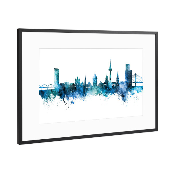 Poster mit Rahmen Schwarz (Metallic) "Mannheim Germany Skyline Blue" artboxONE - Städte