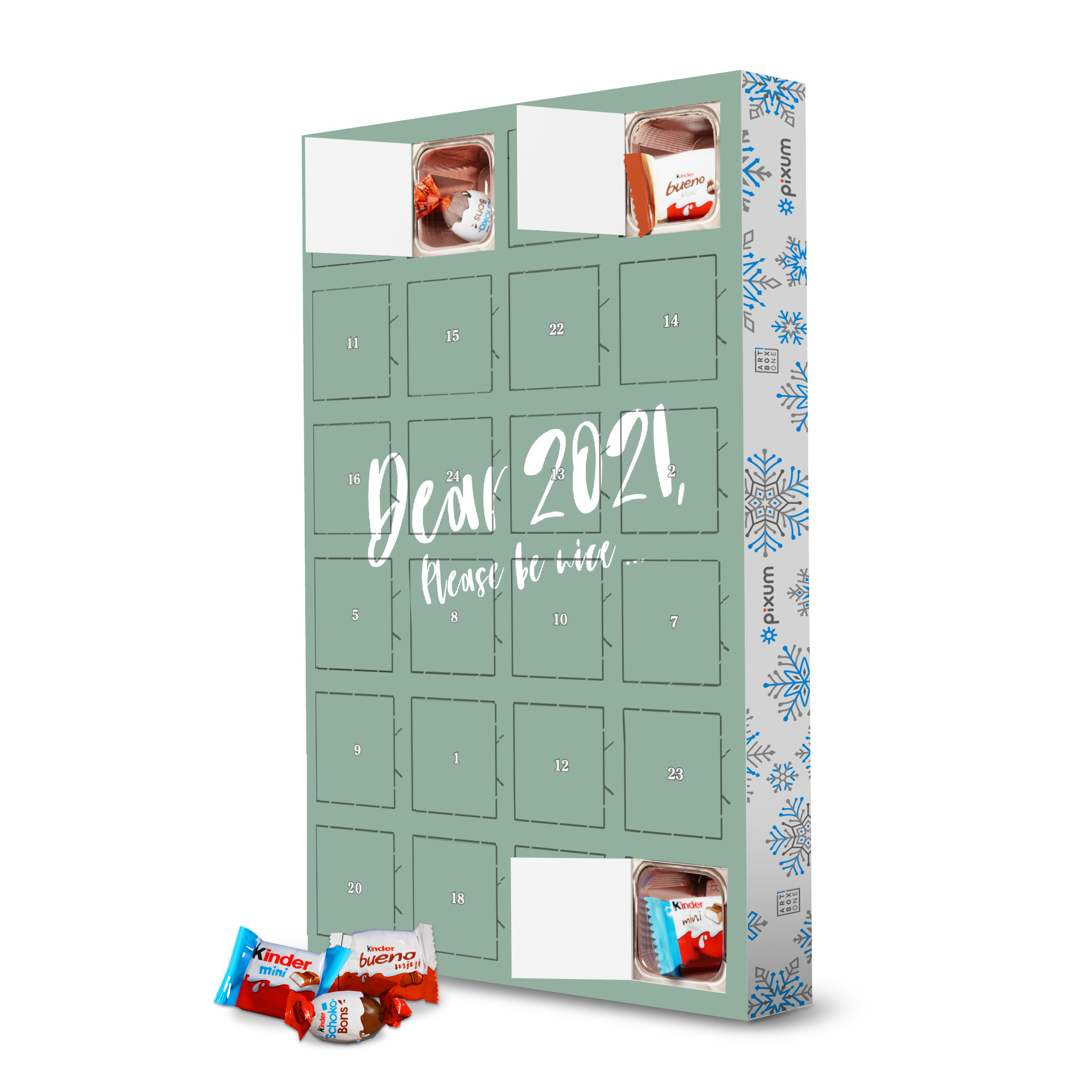 Adventskalender mit Produkten von Kinder Hoffnungsvoll I Grün artboxONE Adventskalender Typografie