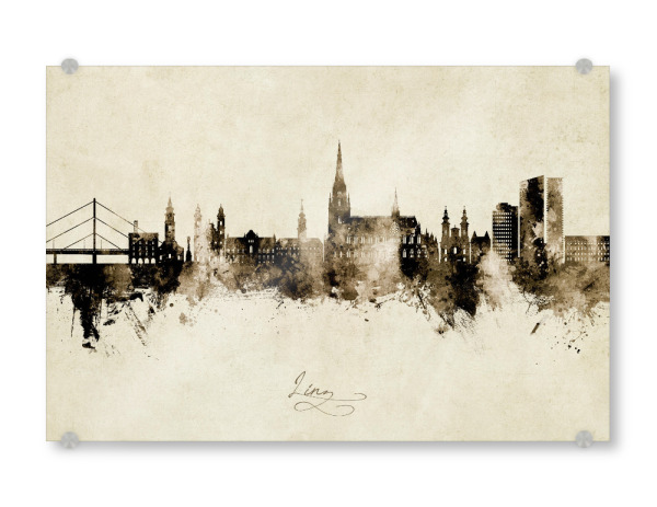 Acrylglasbild "Linz Austria Skyline Sepia" artboxONE - Städte - Linz,Austria,Cityscape,Stadtbild,Watercolor,Painting,City,Stadt,österreich,Skyline