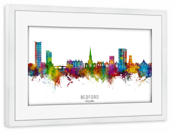 Poster mit Rahmen weiß "Bedford England Skyline txt" artboxONE - Städte