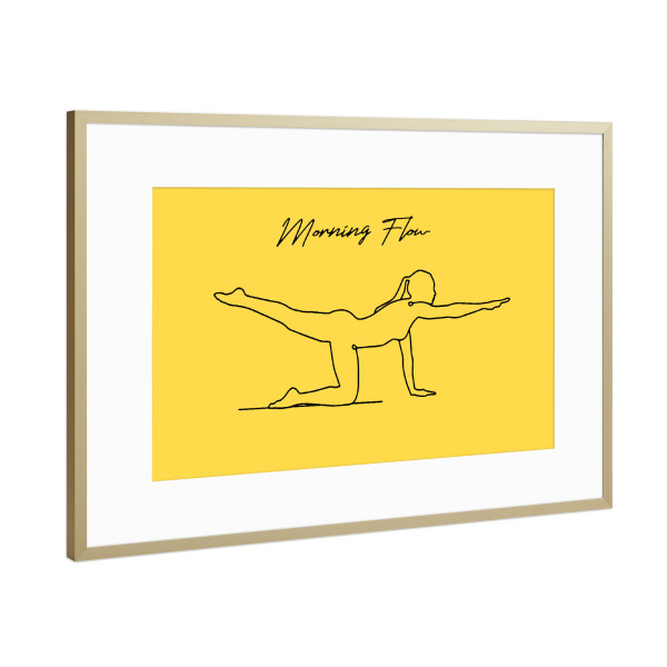 Poster mit Rahmen Gold "Morning Flow" artboxONE - Sport - Yoga,Namaste,Morning,Flow,Sport,Body,Soul,Mindful,Mood,Life,Oneline,One line,Drawing,Yellow