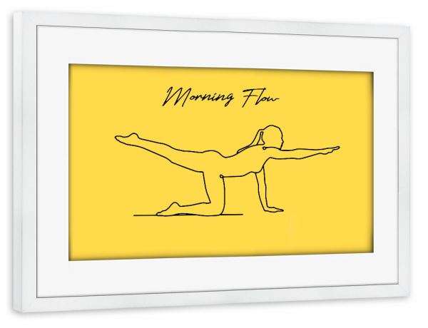 Poster mit Rahmen weiß "Morning Flow" artboxONE - Sport - Yoga,Namaste,Morning,Flow,Sport,Body,Soul,Mindful,Mood,Life,Oneline,One line,Drawing,Yellow