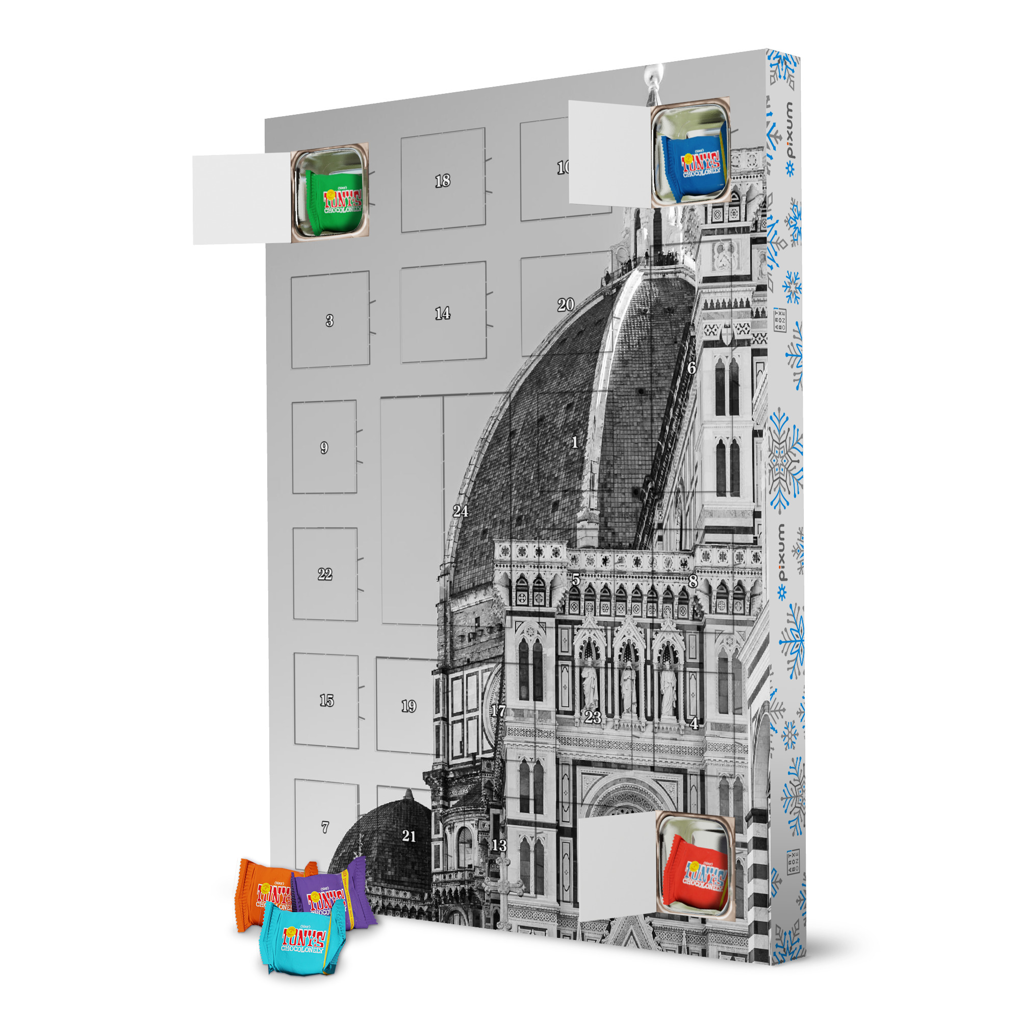 Adventskalender mit Tony's Chocolonely Florence in B&W d artboxONE Adventskalender Städte
