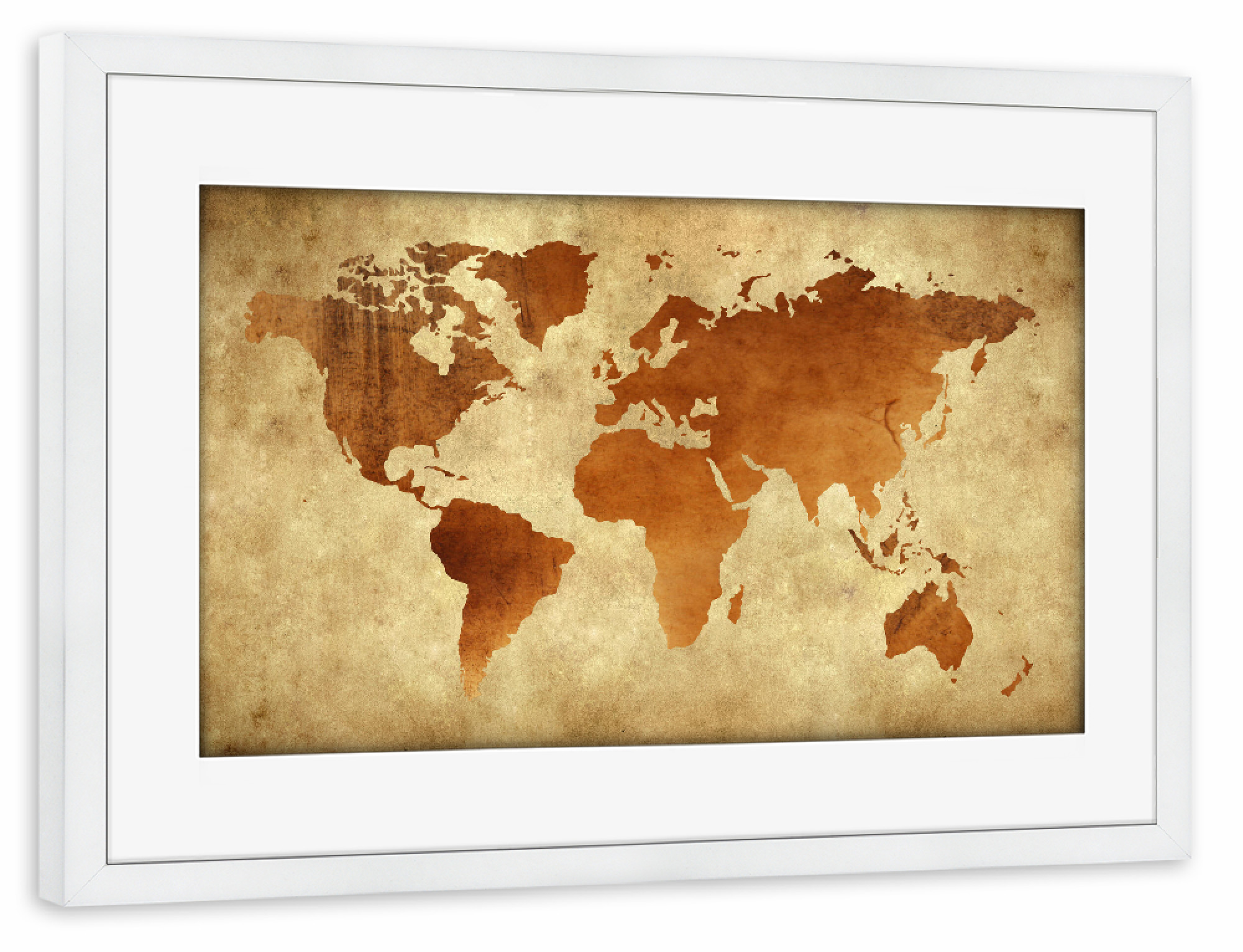 Poster mit Rahmen weiß "World Map Brown 4 (matart)" artboxONE - Kartografie