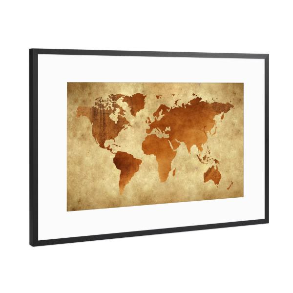 Poster mit Rahmen Schwarz (Metallic) "World Map Brown 4 (matart)" artboxONE - Kartografie
