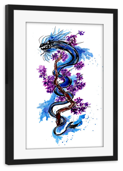 Poster mit Rahmen schwarz "Blue Dragon Purple Blossoms" artboxONE - Floral,Tiere,Fiktion