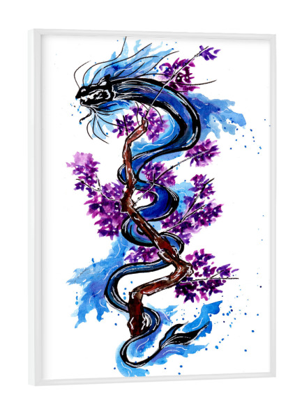 Poster mit weißem Rahmen "Blue Dragon Purple Blossoms" artboxONE - Floral,Tiere,Fiktion
