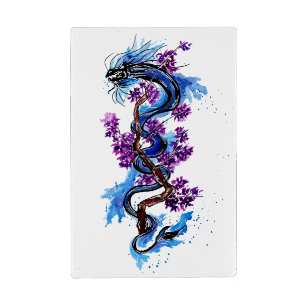 Metall Poster "Blue Dragon Purple Blossoms" artboxONE - Floral,Tiere,Fiktion