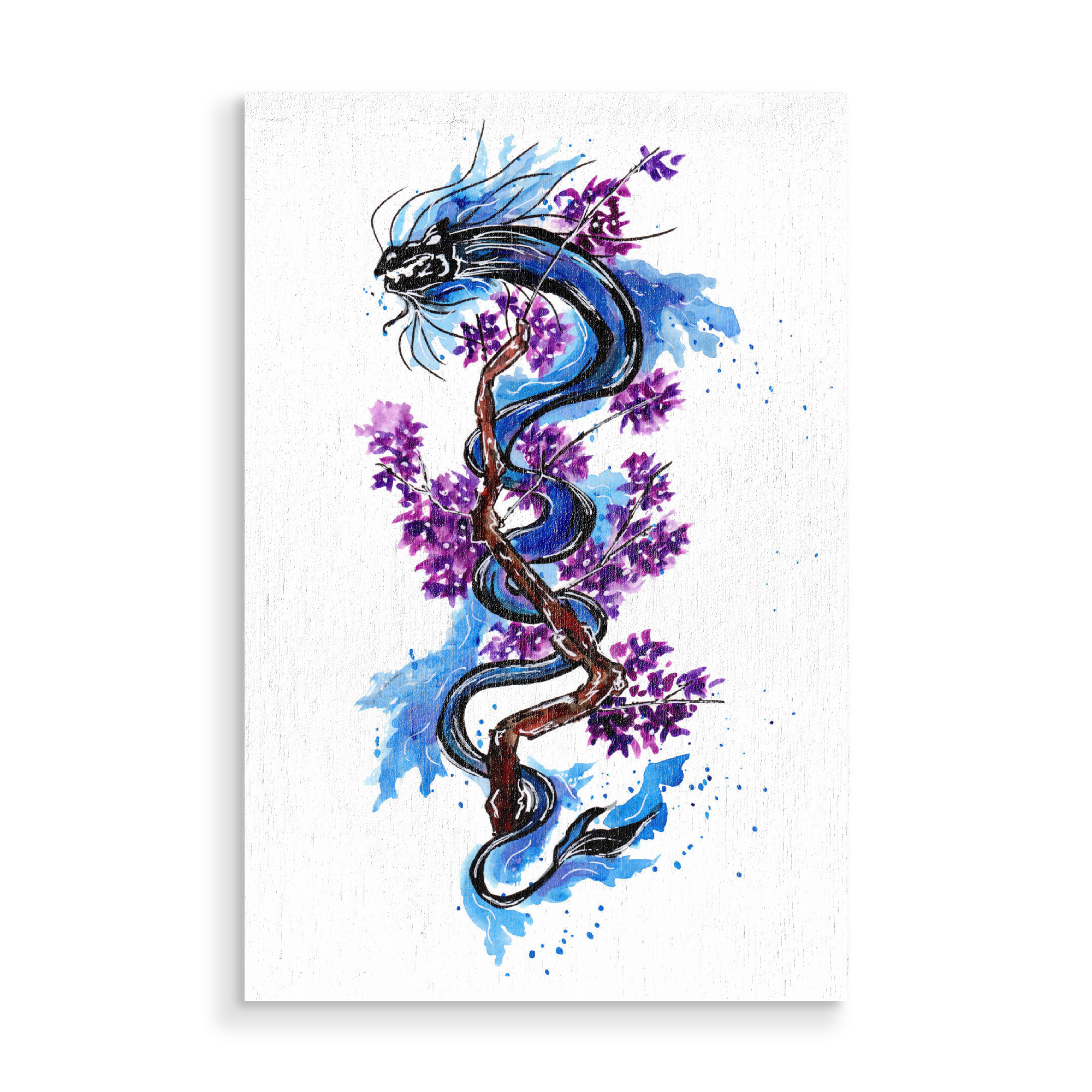 Holzbild "Blue Dragon Purple Blossoms" artboxONE - Floral,Tiere,Fiktion