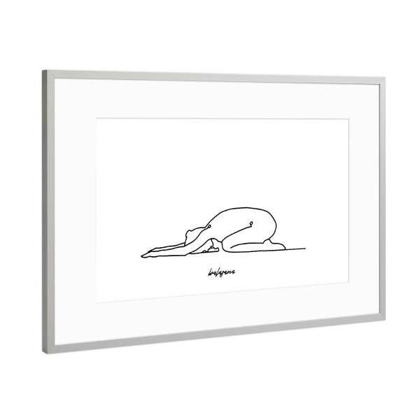Poster mit Rahmen Silber "Yoga Balasana bw one line" artboxONE - Sport