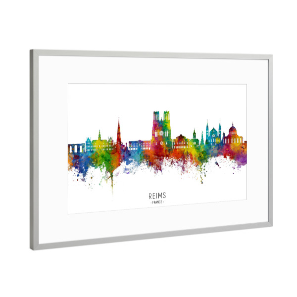 Poster mit Rahmen Silber "Reims France Skyline txt" artboxONE - Städte