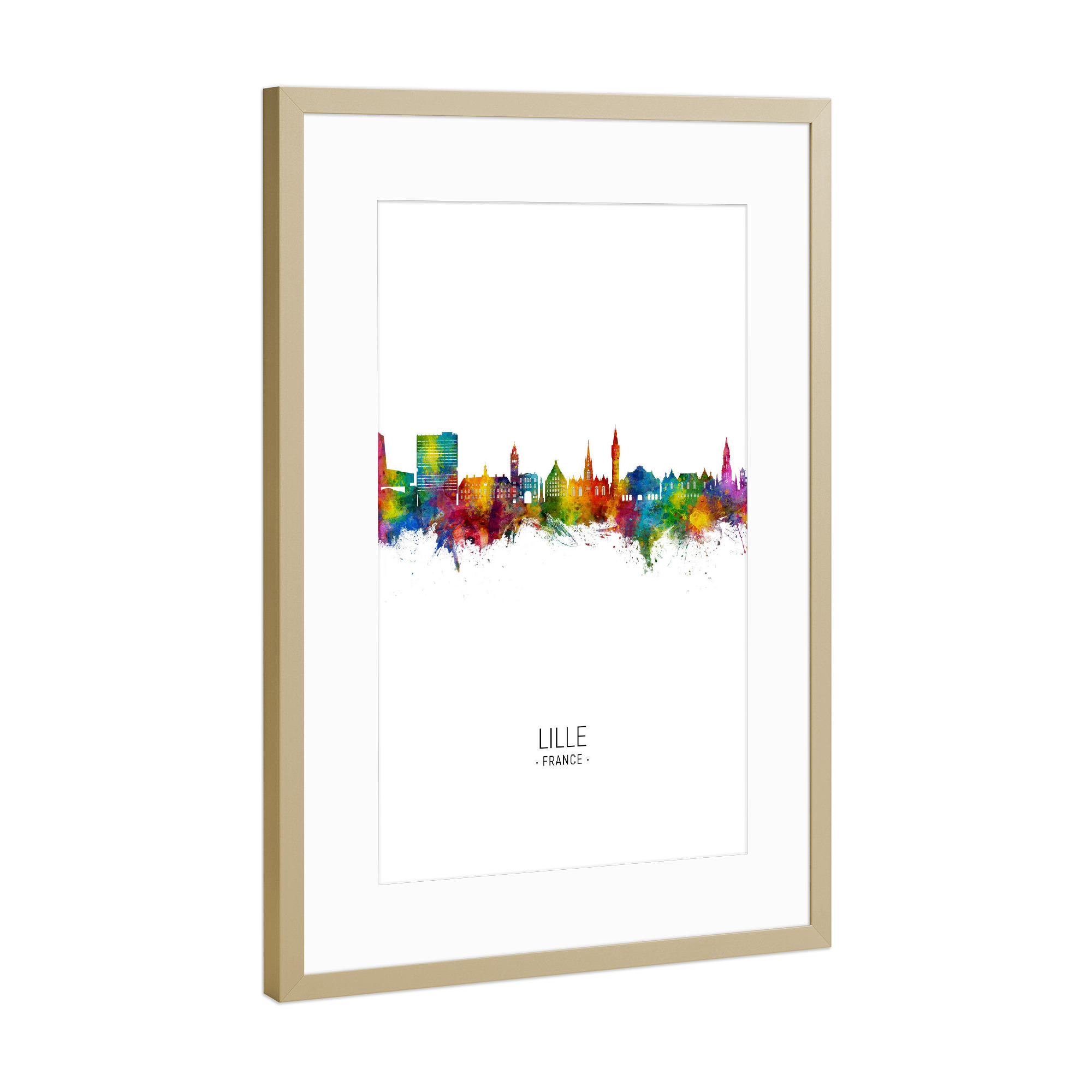 Poster mit Rahmen Gold "Lille France Skyline Portrait" artboxONE - Städte