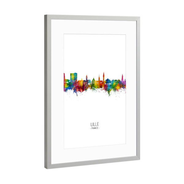 Poster mit Rahmen Silber "Lille France Skyline Portrait" artboxONE - Städte