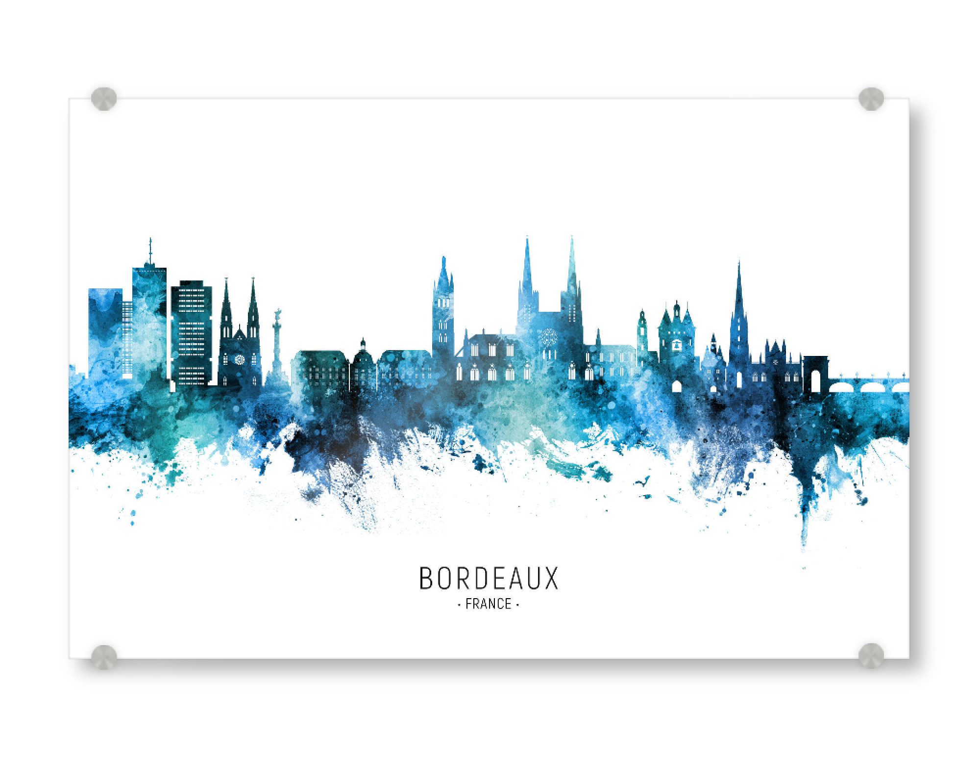 Acrylglasbild "Bordeaux France Skyline Blue Name" artboxONE - Städte - France,Skyline,Cityscape,Stadtbild,Watercolor,Painting,City,Stadt,Frankreich