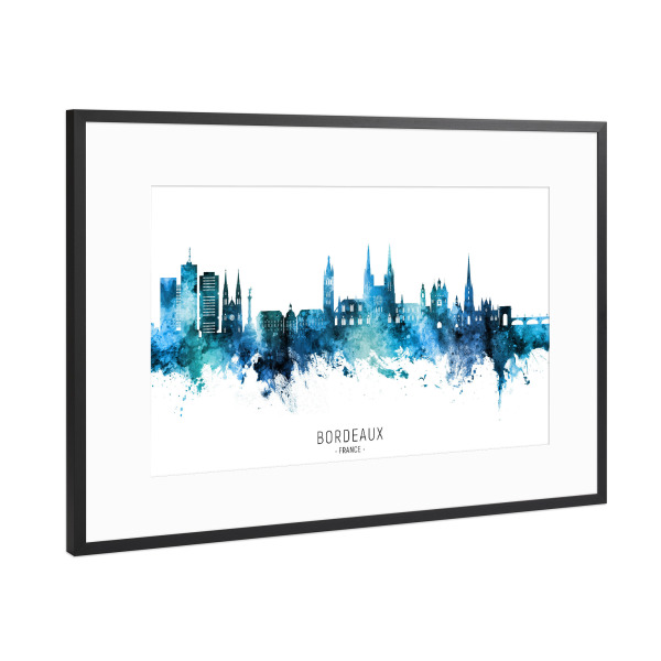 Poster mit Rahmen Schwarz (Metallic) "Bordeaux France Skyline Blue Name" artboxONE - Städte