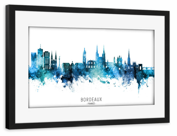 Poster mit Rahmen schwarz "Bordeaux France Skyline Blue Name" artboxONE - Städte