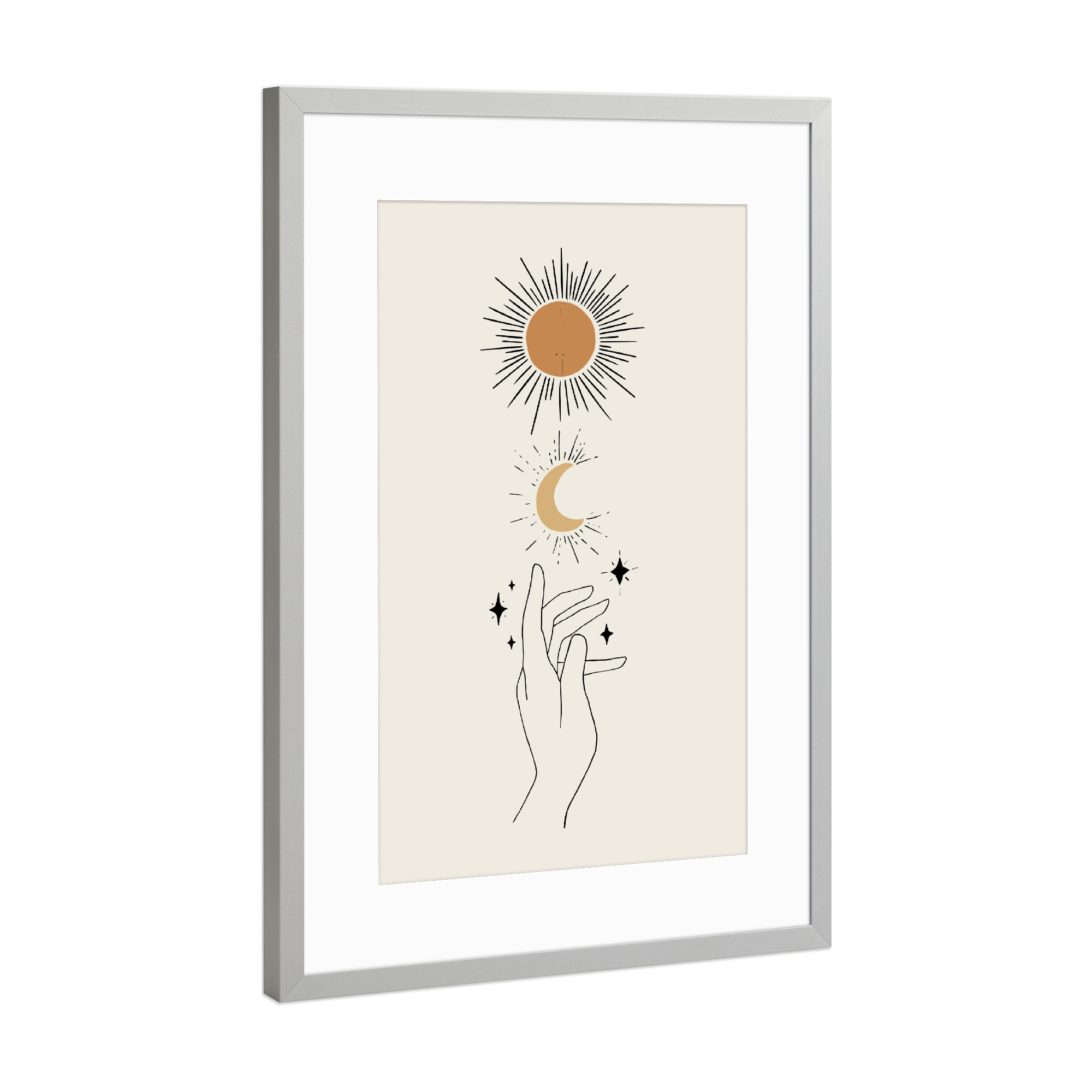 Poster mit Rahmen Silber "Hand Pointing Up Sun Moon" artboxONE - Natur,Abstrakt,Galaxy