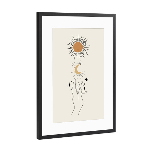Poster mit Rahmen Schwarz (Metallic) "Hand Pointing Up Sun Moon" artboxONE - Natur,Abstrakt,Galaxy