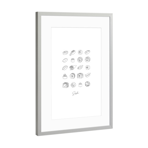 Poster mit Rahmen Silber "Sushi type set line style white" artboxONE - Für Kinder,Essen & Trinken,Für Mama,Für Papa