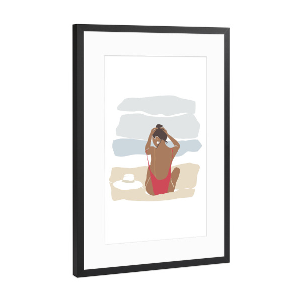 Poster mit Rahmen Schwarz (Metallic) "Girl with bun sitting at the beach" artboxONE - Abstrakt,Menschen,Reise / Strand und Meer
