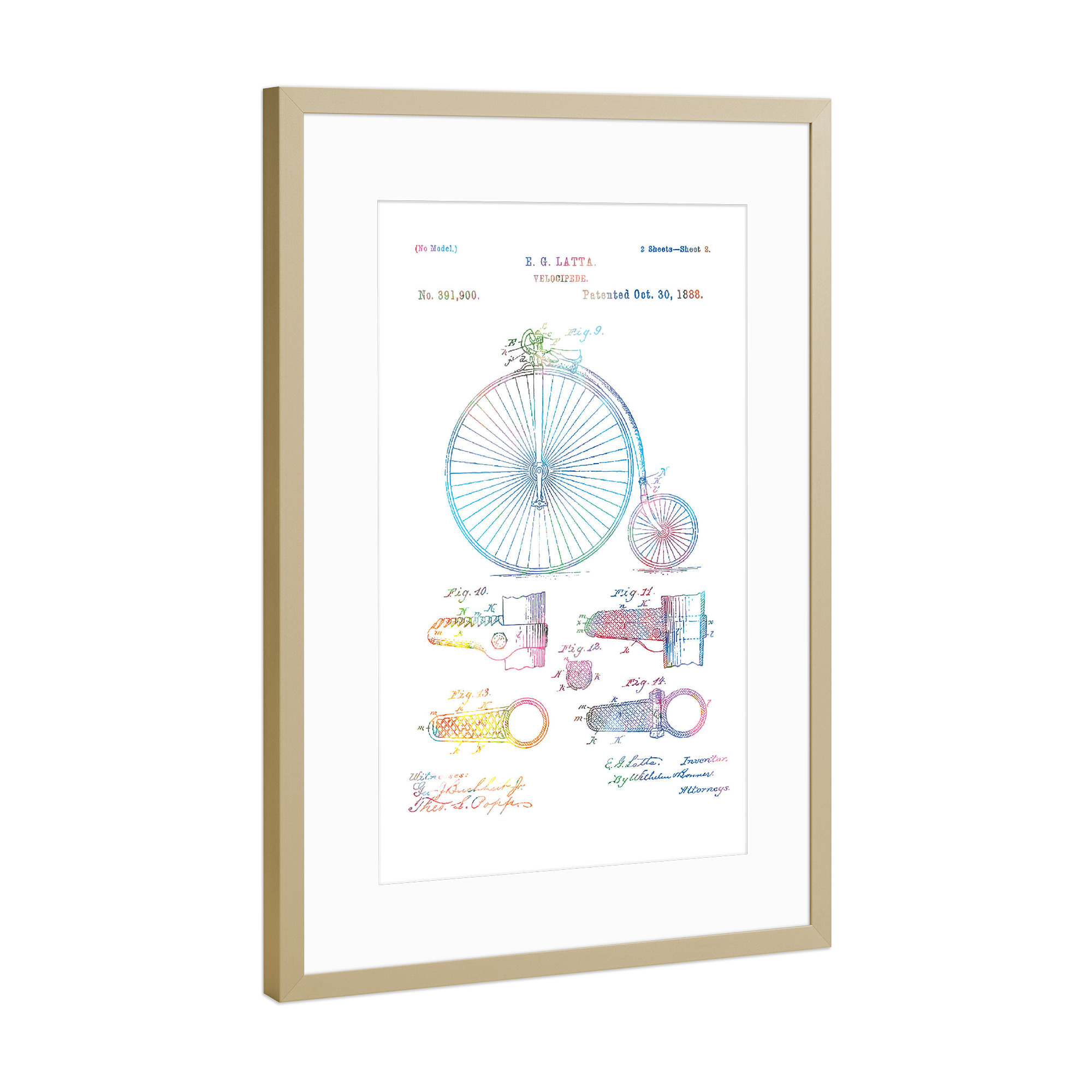 Poster mit Rahmen Gold "Vintage bicycle patent drawing" artboxONE - Sport,Sport / Motivation