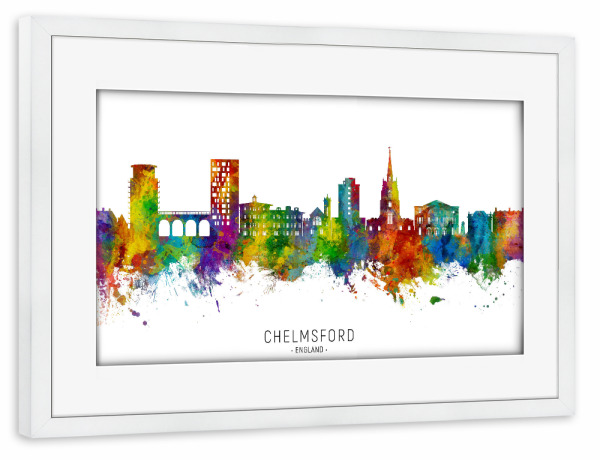 Poster mit Rahmen weiß "Chelmsford England Skyline txt" artboxONE - Städte