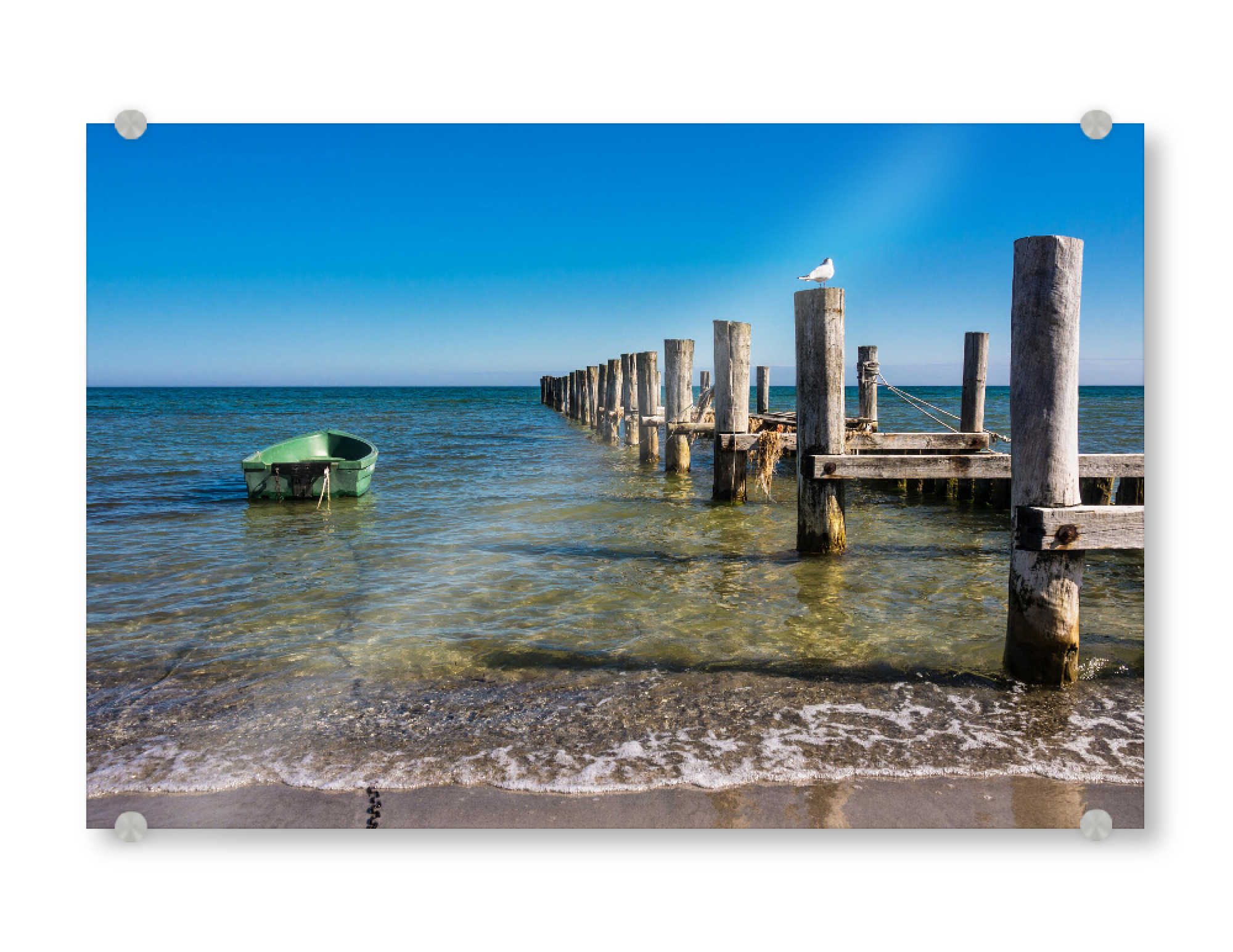 Acrylglasbild "Buhne, Boot und Möwe" artboxONE - Natur,Reise,Reise / Strand und Meer