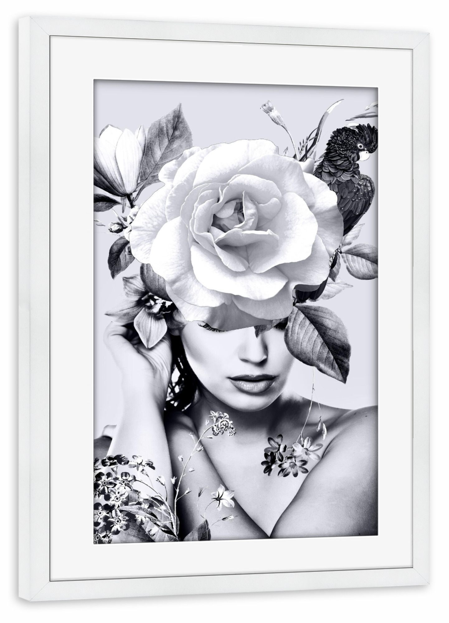 Poster mit Rahmen weiß "Floral Woman BW" artboxONE - Natur,Floral,Menschen