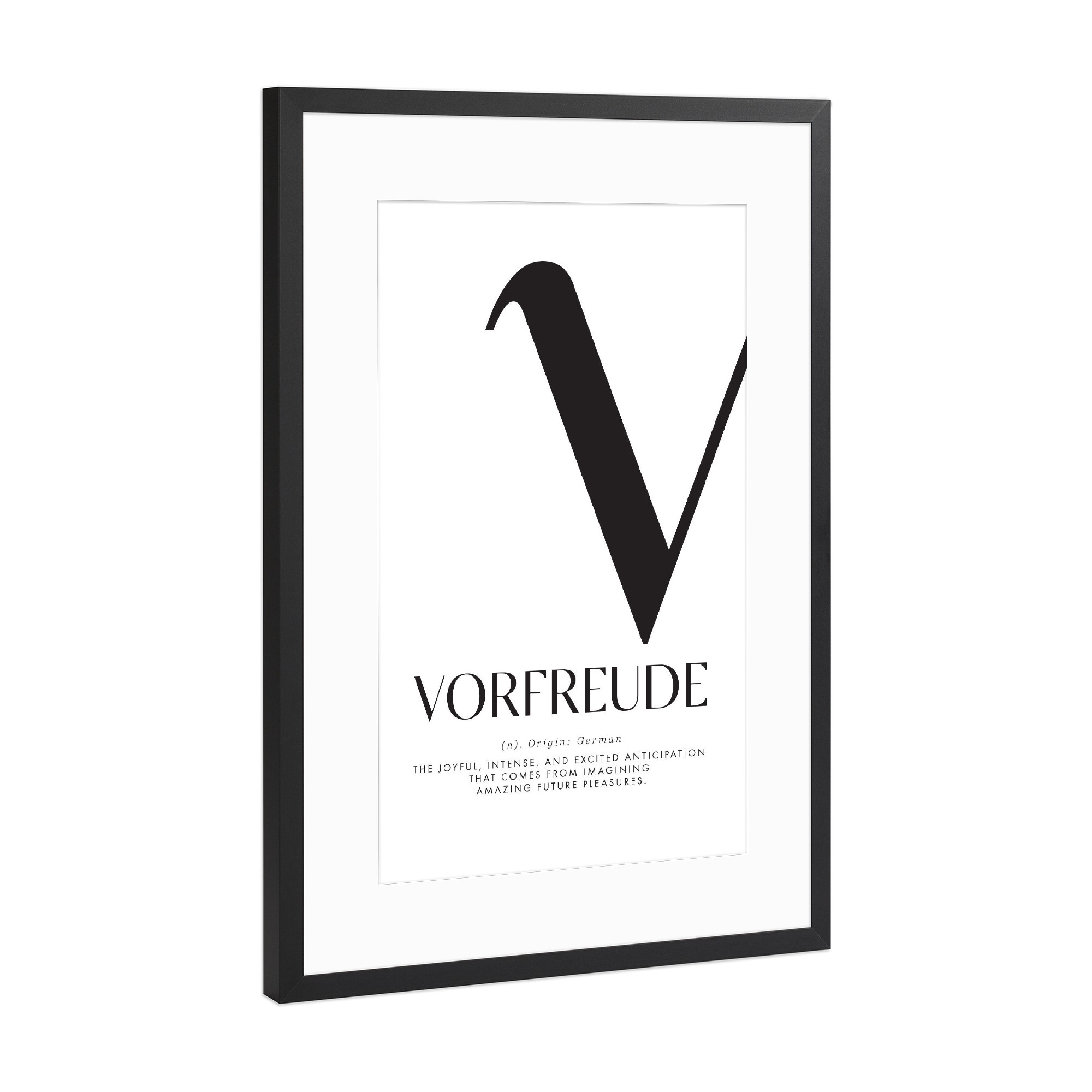 Poster mit Rahmen Schwarz (Metallic) "Vorfreude amazing future pleasures" artboxONE - Typografie,Buchstaben / V