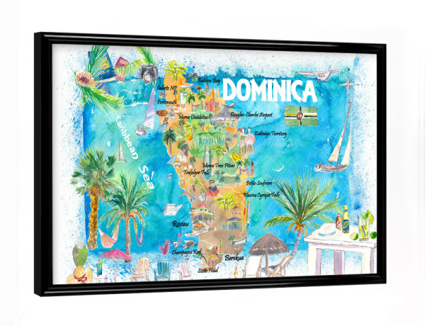 Poster mit schwarzem Rahmen "Dominica Antilles Illustrated Map" artboxONE - Reise,Reise / Strand und Meer,Kartografie