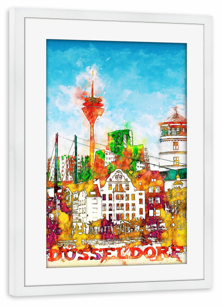 Poster mit Rahmen weiß "Düsseldorf Collage in bunt" artboxONE - Städte,Reise,Städte / Düsseldorf