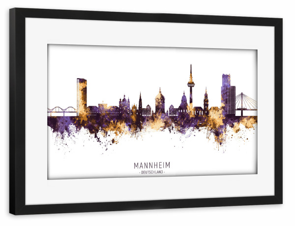 Poster mit Rahmen schwarz "Mannheim Skyline PurpleGold" artboxONE - Städte