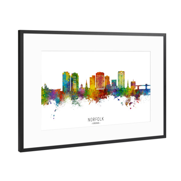 Poster mit Rahmen Schwarz (Metallic) "Norfolk Virginia Skyline txt" artboxONE - Städte