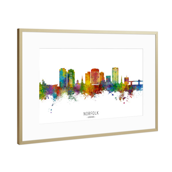 Poster mit Rahmen Gold "Norfolk Virginia Skyline txt" artboxONE - Städte