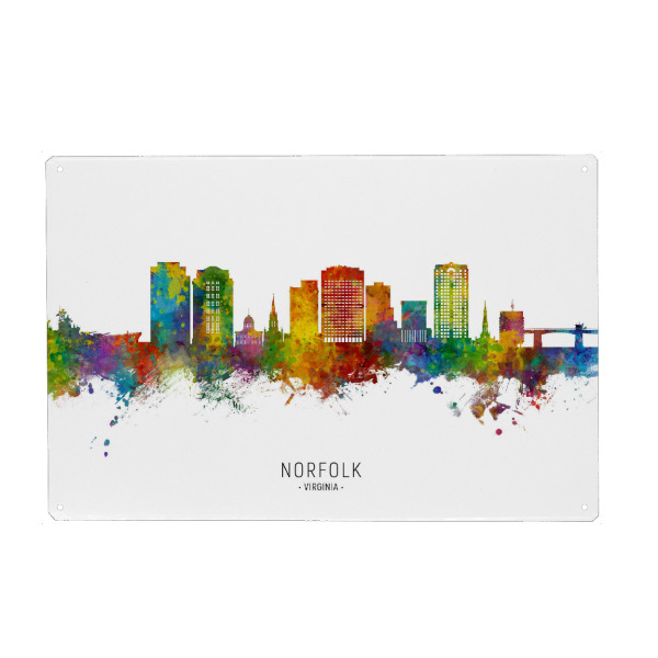 Holzbild "Norfolk Virginia Skyline txt" artboxONE - Städte - Norfolk,Virginia,Skyline,Cityscape,Stadtbild,Watercolor,Painting,City,Stadt,Bunt,Colorful
