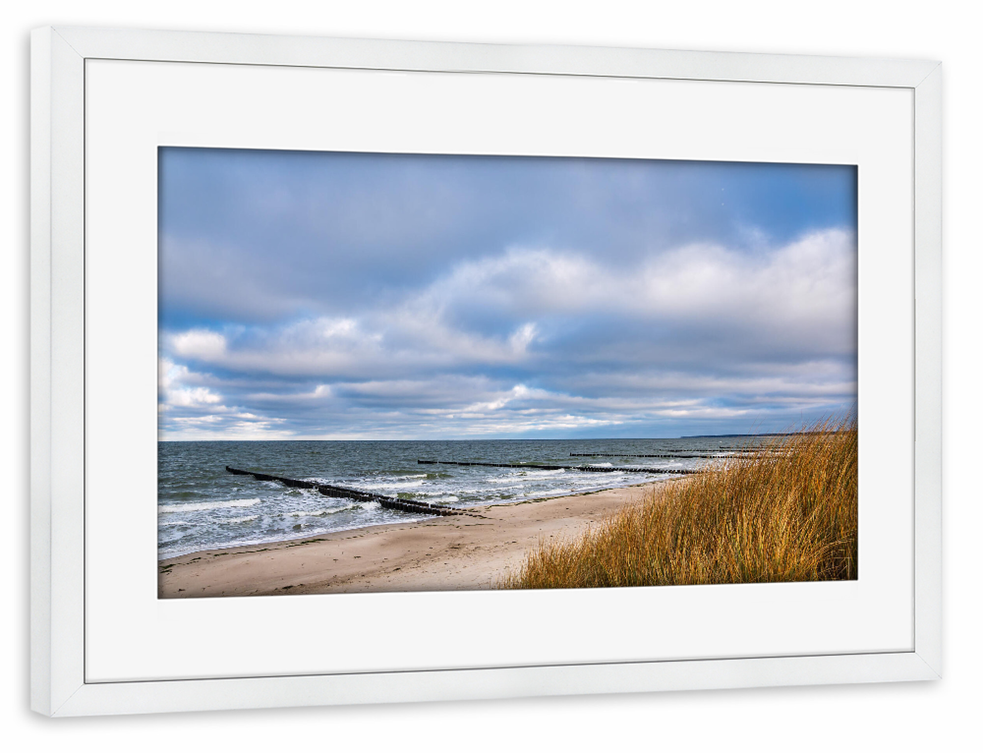 Poster mit Rahmen weiß "Dünengras und Buhnen" artboxONE - Natur,Reise,Reise / Strand und Meer