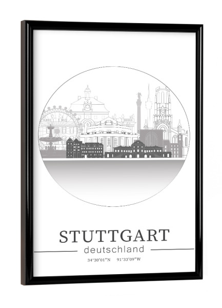 Poster mit schwarzem Rahmen "Stuttgart skyline line art circle" artboxONE - Städte,Reise,Architektur,Kartografie