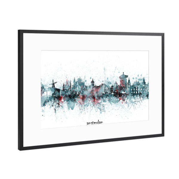 Poster mit Rahmen Schwarz (Metallic) "Amsterdam skyline artistic grey" artboxONE - Städte,Architektur,Städte / Amsterdam