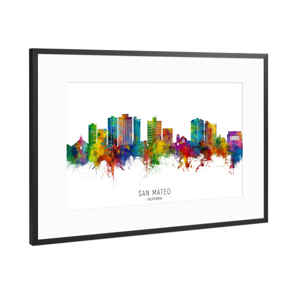 Poster mit Rahmen Schwarz (Metallic) "San Mateo California Skyline txt" artboxONE - Städte